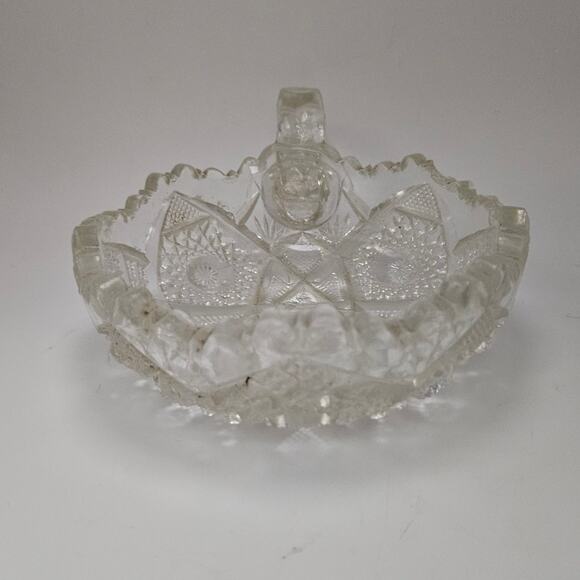 Vtg Clear Pressed Glass Handled Nappy Dish 5" Sawtooth Edge Starburst Pattern - Picture 4 of 6